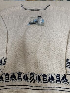 Northern Reflections Cream Crewneck Sweater with Navy Nautical Motifs